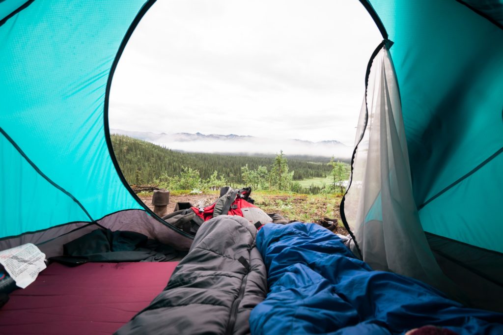 sleeping bag in tent