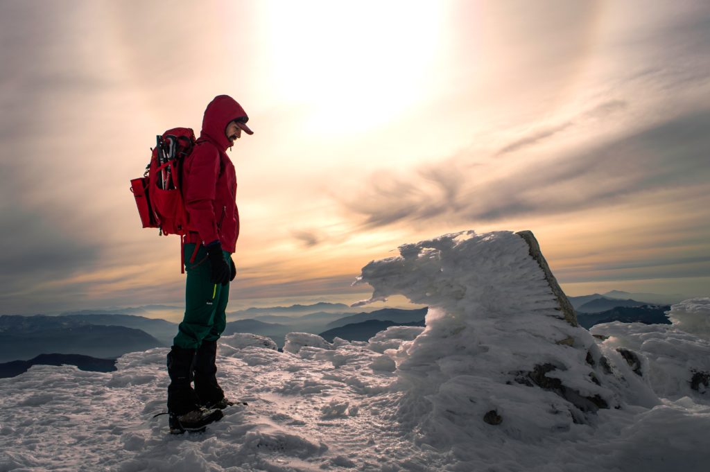 snowshoeing red jacket